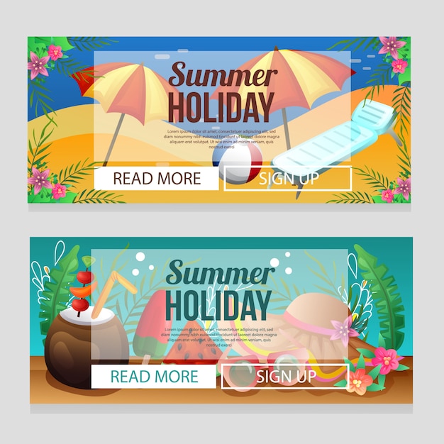 Colorful summer holiday banner template with beach relax umbrella