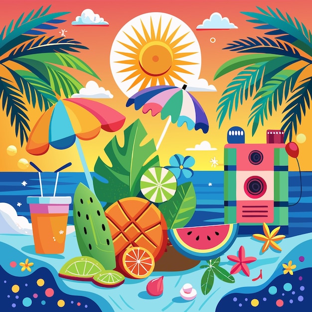 Colorful summer illustration with beach palm trees watermelon sunglasses and drink