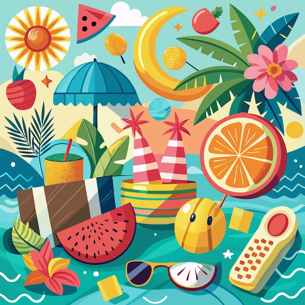 Colorful summer illustration with beach umbrella watermelon sunglasses and tropical plants on a blue background