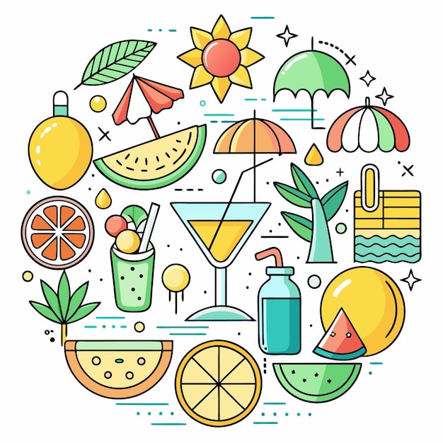 Colorful summer illustration with drinks fruits and beach elements