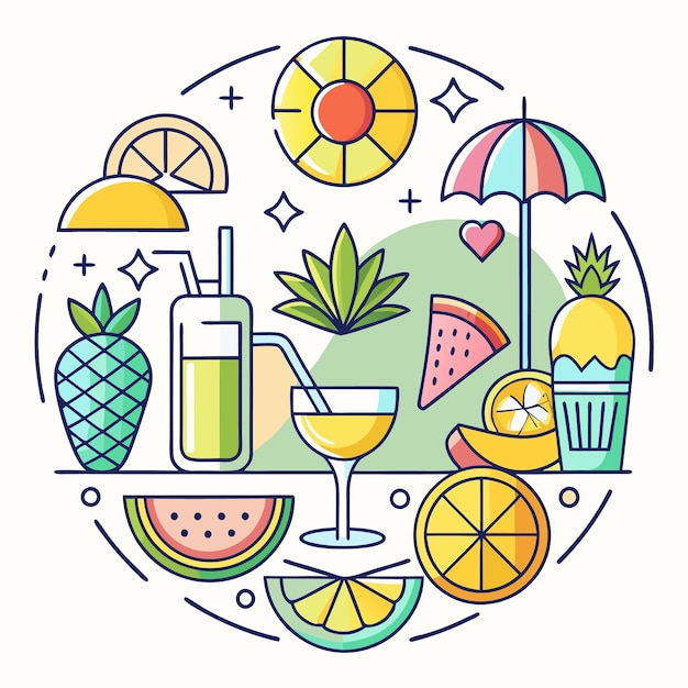 Colorful summer illustration with fruit drinks umbrella