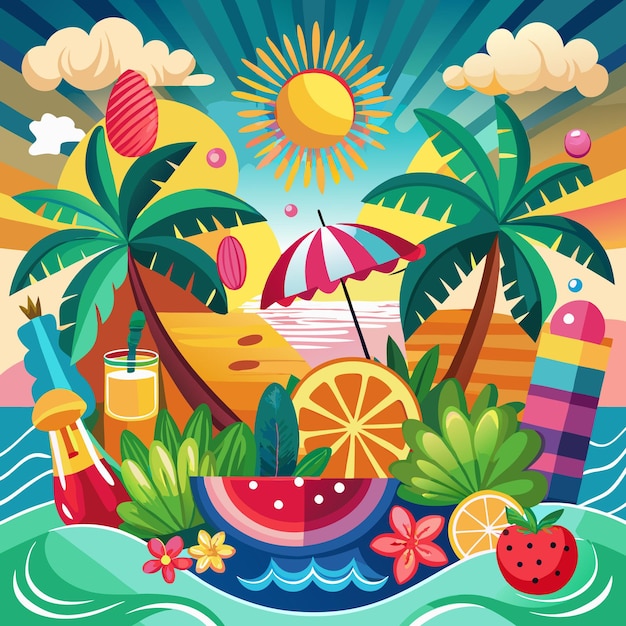 A colorful summer illustration with palm trees fruit and a beach umbrella