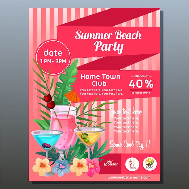 Colorful summer party poster with tropical cocktail drink vector illustration