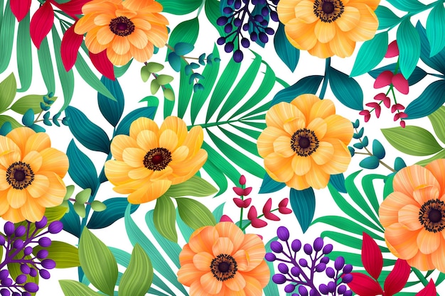 Colorful summer tropical background with exotic palm leaves and hibiscus flowers