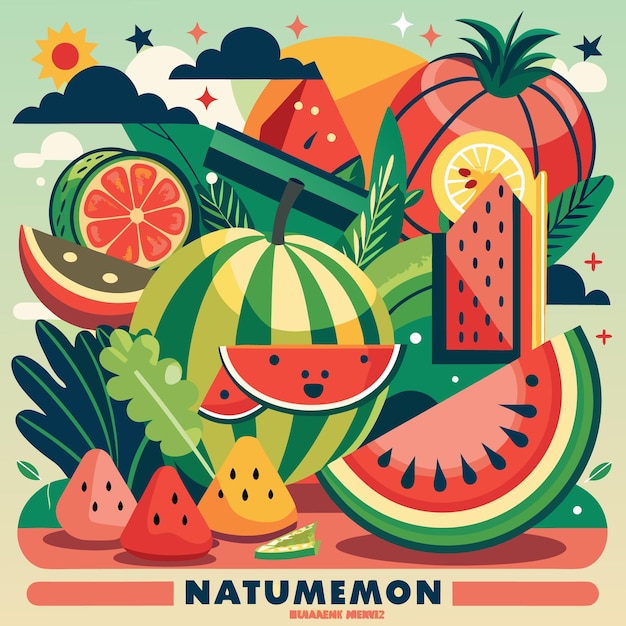 Vector colorful summer watermelon illustration with fruit leaves and sun