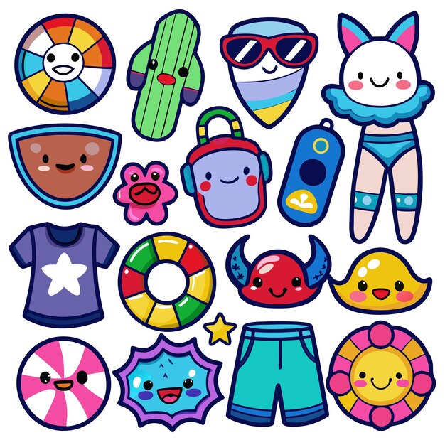 Vector colorful summerthemed icons featuring playful beach and pool items