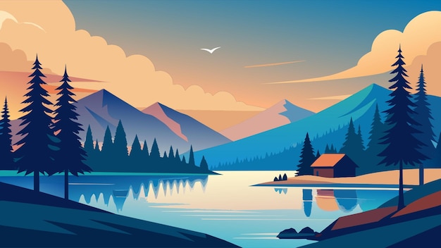 Vector a colorful sunrise over a lake with mountains and trees