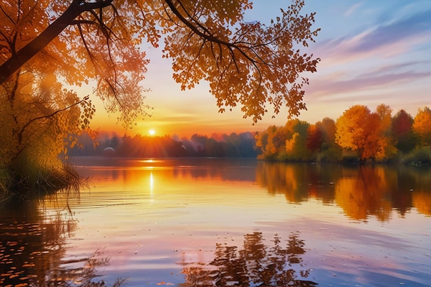 a colorful sunset over a lake with a tree branch in the foreground