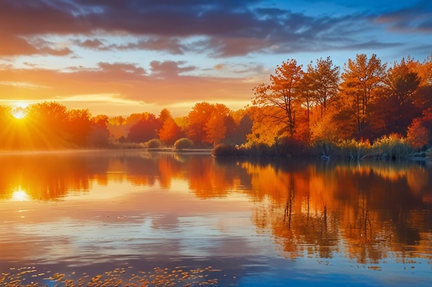 a colorful sunset over a lake with a tree branch in the foreground