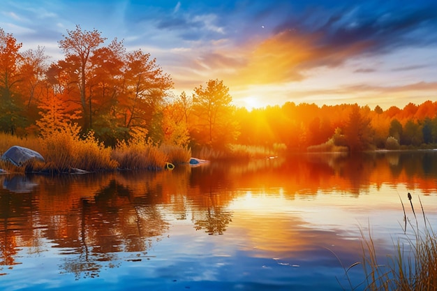 a colorful sunset over a lake with a tree branch in the foreground