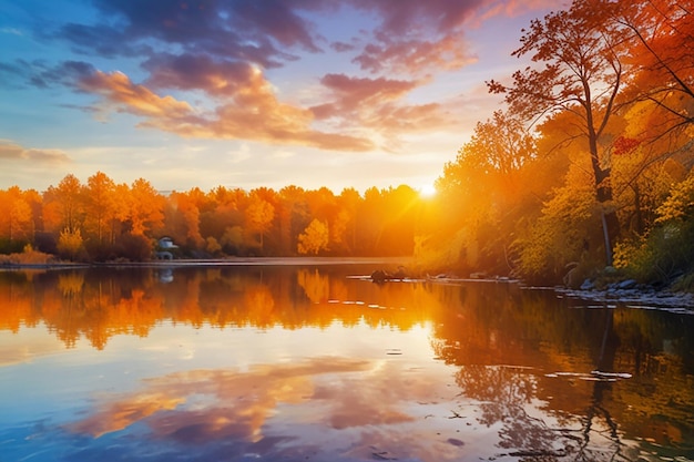 Vector a colorful sunset over a lake with a tree branch in the foreground