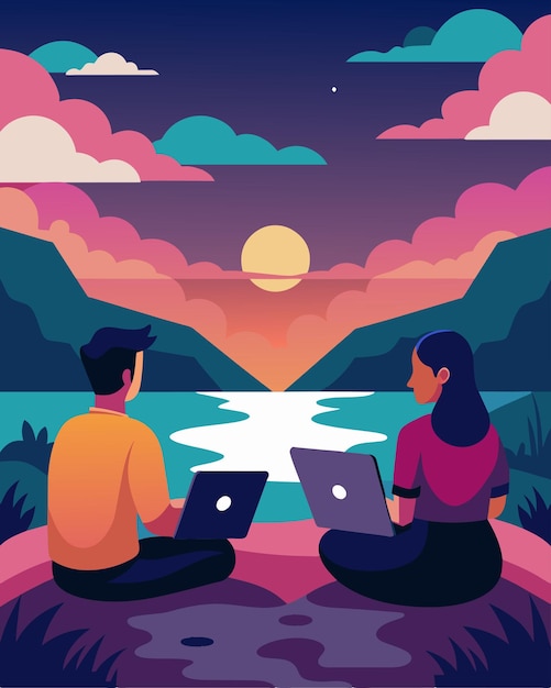 Vector a colorful sunset paints the sky as a young couple closes their laptops and swaps stories of their