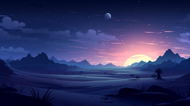 Vector a colorful sunset with mountains and the moon in the background