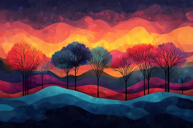 a colorful sunset with trees in the background