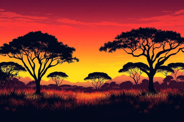 Vector a colorful sunset with trees in the middle and a red sky with the sun setting behind them