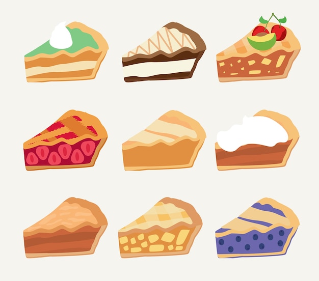 Colorful sweet cakes or pies slices pieces set