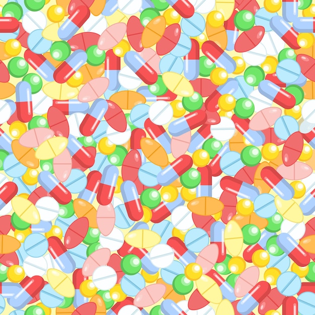 Colorful tablets with capsules Medical seamless pattern and pharmacy background