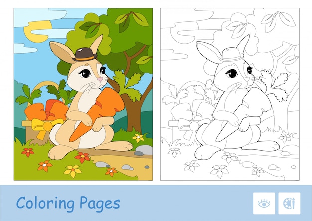 Colorful template and colorless contour image of cute bunny in a hat picking carrots in a basket in a wood.