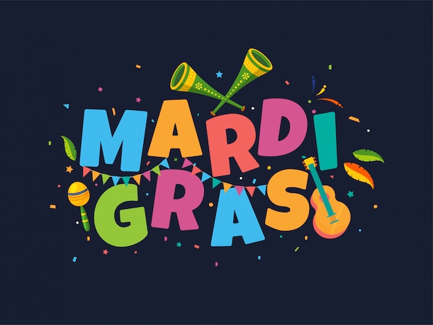 Colorful text of Mardi Gras with music instruments and confetti background