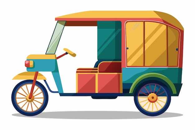 Vector colorful threewheeled motorized rickshaw with canopy