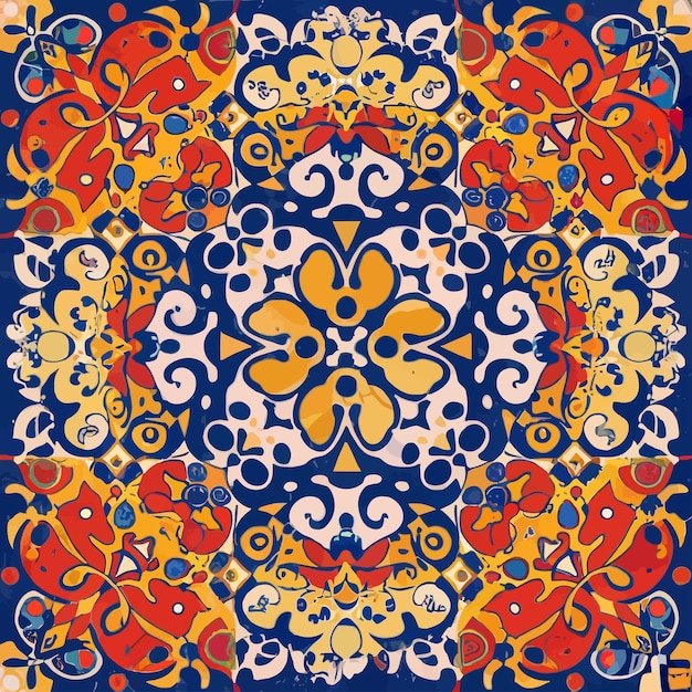 Vector a colorful tile pattern with a floral design in yellow blue and orange