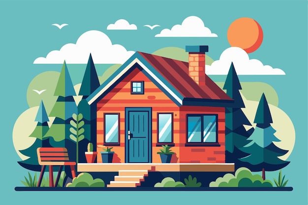 Vector a colorful tiny house design is set amidst green trees with a bright sun shining above in this flat illustration tiny house customizable flat illustration