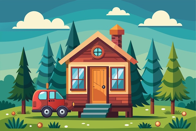 Vector a colorful tiny house sits among tall trees featuring a red car parked in a sunny serene landscape tiny house customizable cartoon illustration