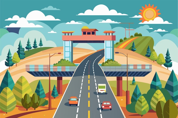 Vector a colorful toll road winds through a hilly area with cars trees and a bright sun overhead toll road customizable disproportionate illustration