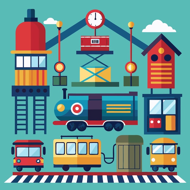 Vector colorful train station with a clock a tower a freight lift and a train with a yellow car on a train track