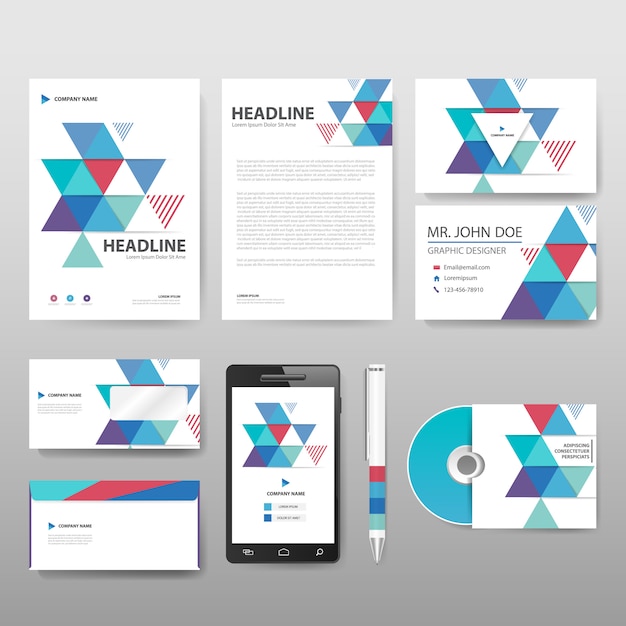 Colorful triangle Stationery template set