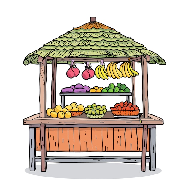 Vector colorful tropical fruit stand displaying bananas avocados apples grapes papayas bamboo frame