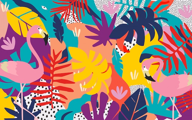 Colorful tropical jungle leaves background with flamingos