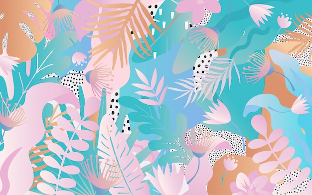 Colorful tropical leaves and flowers background