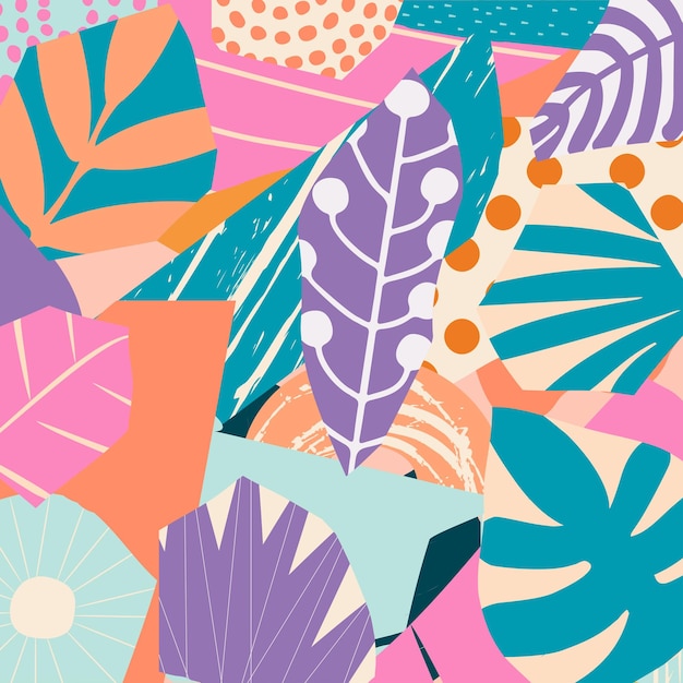 Colorful tropical leaves and flowers poster background vector illustration Exotic plants branches