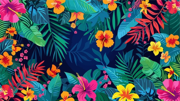 Vector a colorful tropical print with tropical flowers and leaves