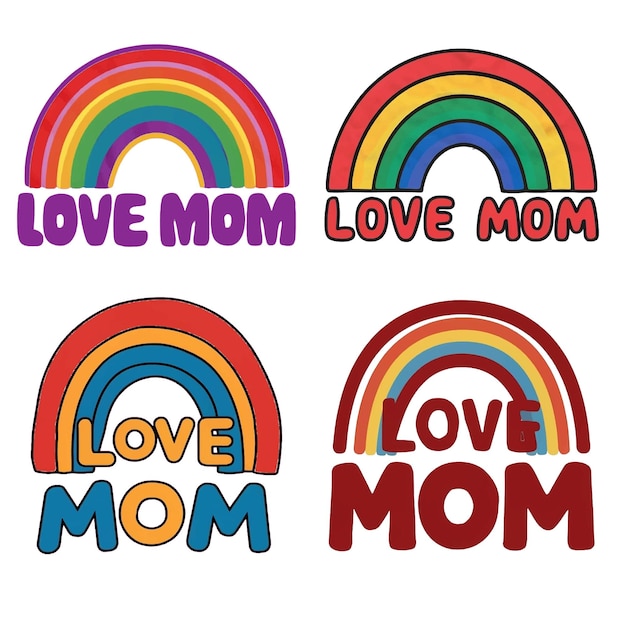 Vector colorful tshirt design for kids featuring a vibrant rainbow arching over the text love mom