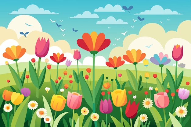 Vector colorful tulips and flowers in a lush meadow under a blue sky