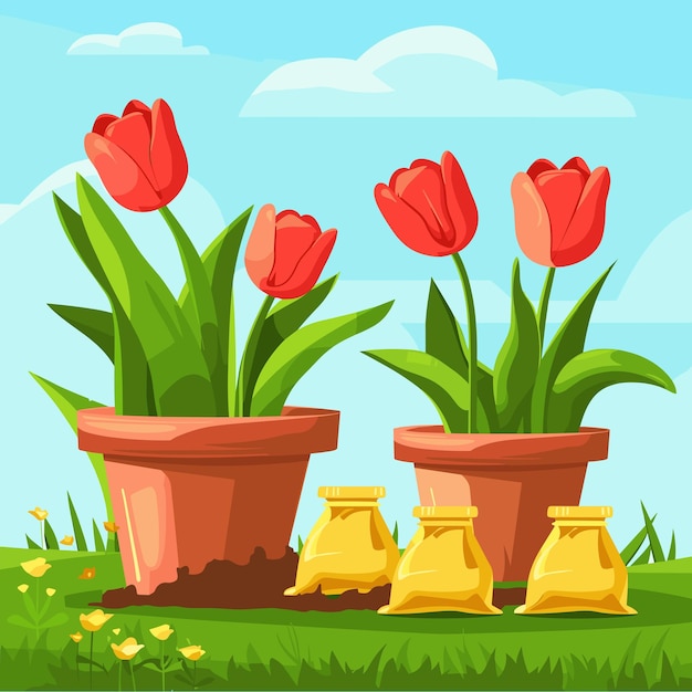 Vector colorful tulips growing in pots