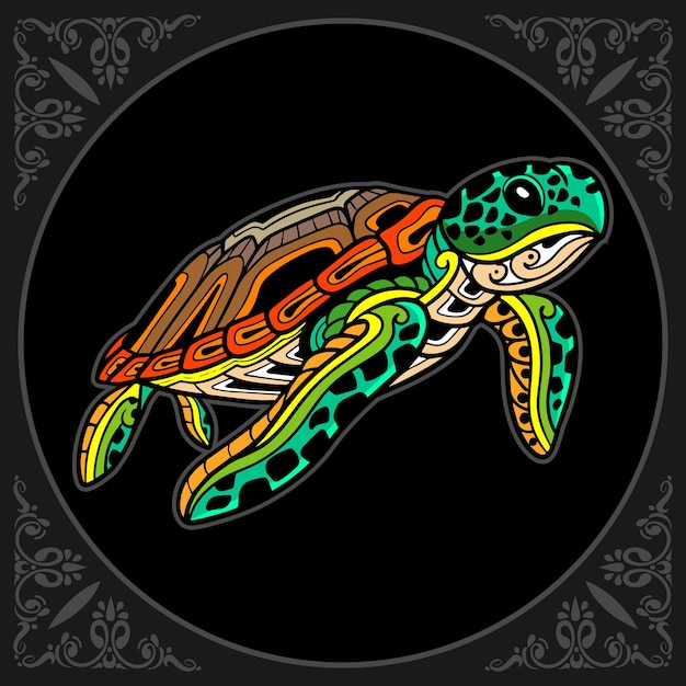 Colorful turtle cartoon cartoon zentangle arts isolated on black background