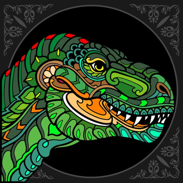 Colorful Tyrannosaurus rex zentangle arts isolated on black background