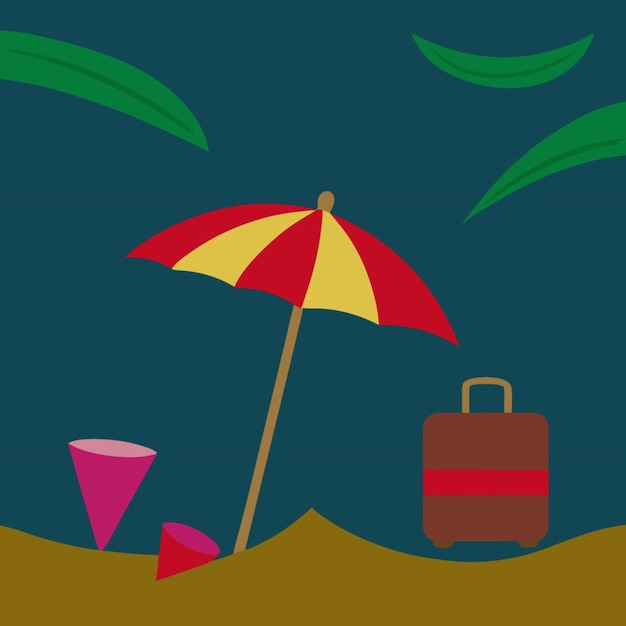 Vector a colorful umbrella is in the sand with a suitcase and a suitcase