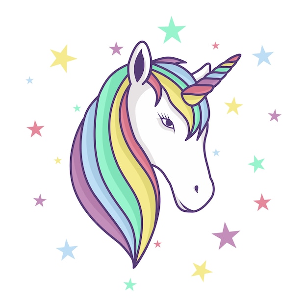 colorful unicorn head with rainbow horn and stars background