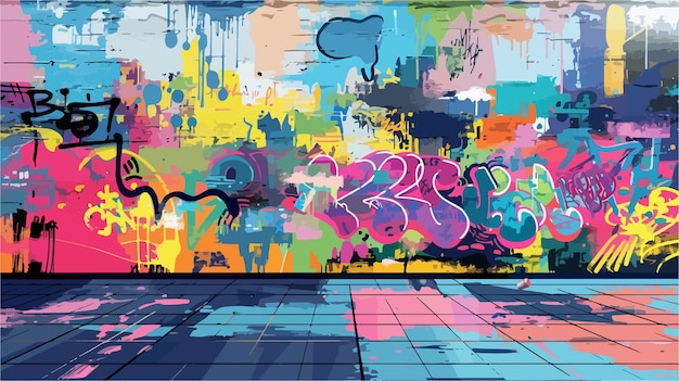 Vector colorful urban graffiti wall with vibrant street art