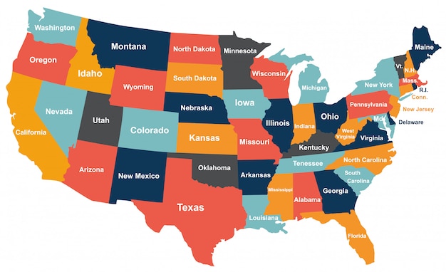 Colorful USA map with states.