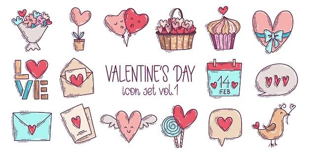 Colorful Valentines Day doodle style  icon set with simple engraving retro effect