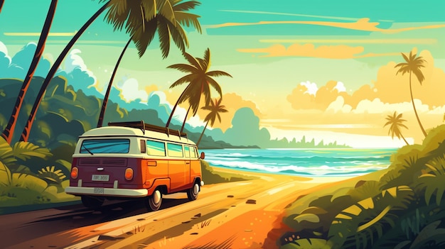 Vector a colorful van is parked on a beach with palm trees in the background