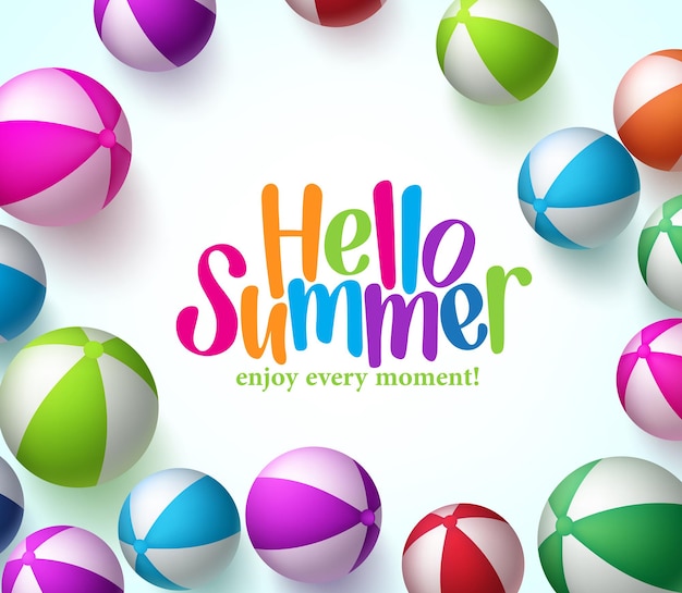 Colorful Vector Beach Balls Background in White with Hello Summer Title in Center