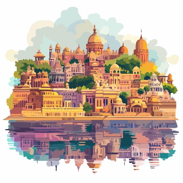 Colorful Vector Cartoon Illustration of Ayodhya Skyline with Modern Buildings and Landmarks