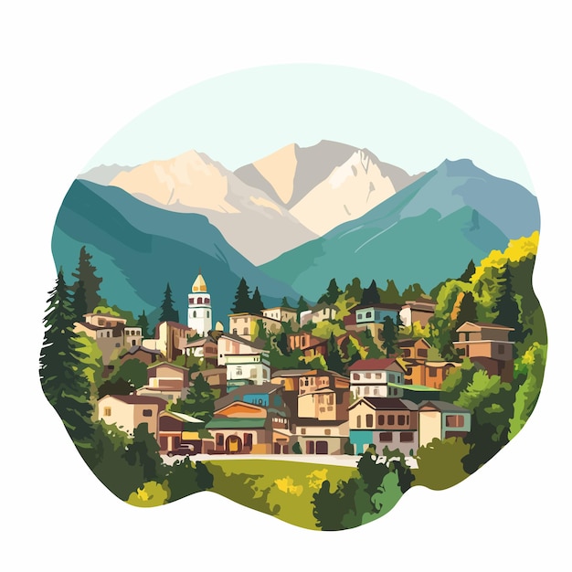 Vector colorful vector cartoon illustration of himachal pradesh landscape with mountains snow and trees