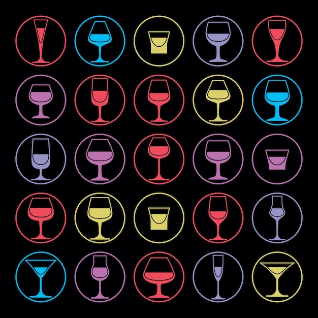 Colorful vector drinking glasses collection. Set of alcohol theme simple illustrations. Celebration elements, best for use in graphic and web design.